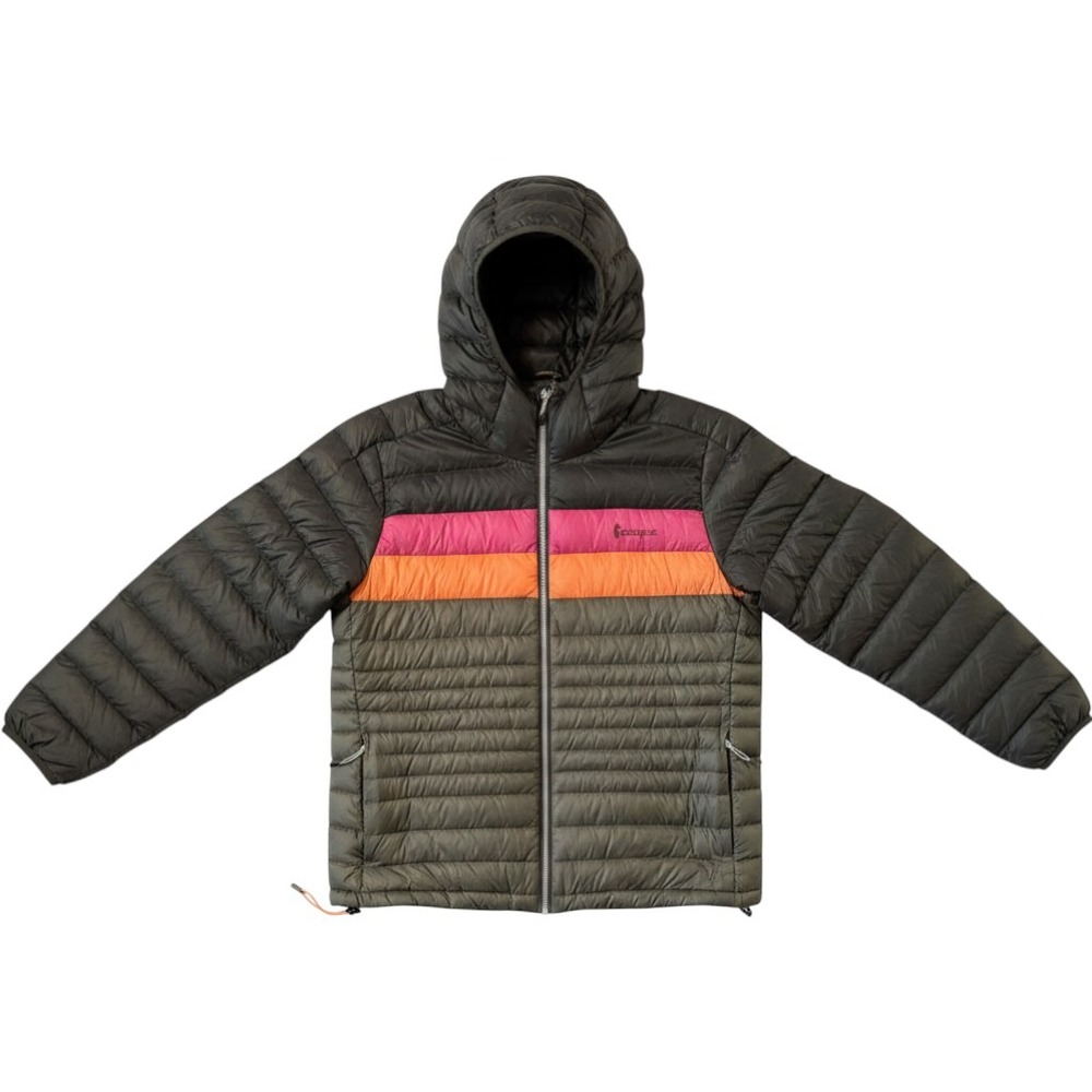Cotopaxi Fuego Hooded Down Jacket L Green Pink Orange Stripe Puffer Gorpcore